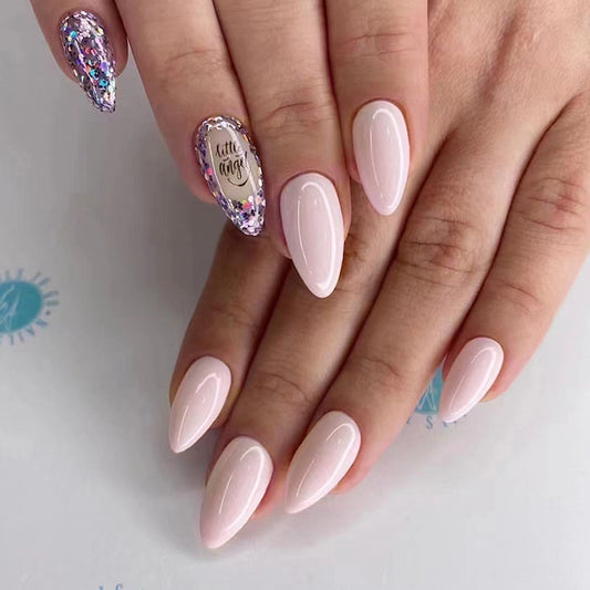 Almond Stiletto, Light Pink with Holographic Glitter Accent, Professional Manicure Set, Press-on Nails