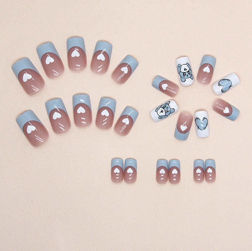 Cute Teddy Bear Nail Art Design, French Tips with Blue and Pink, Heart Pattern Manicure, Press on Nails