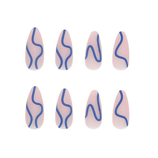 Almond Stiletto with Blue Wave Design, Matte Finish, Long Length, Press-on Nails
