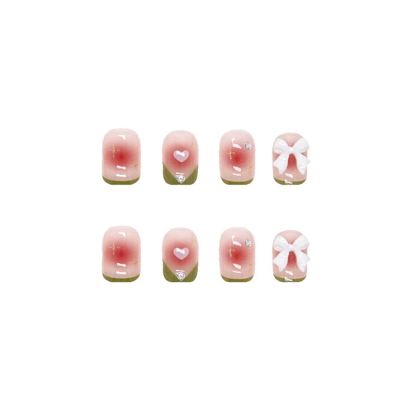 Pastel Green French Tip Press-On Nails with 3D Bow & Heart Accent | Set of 12 Reusable Nails