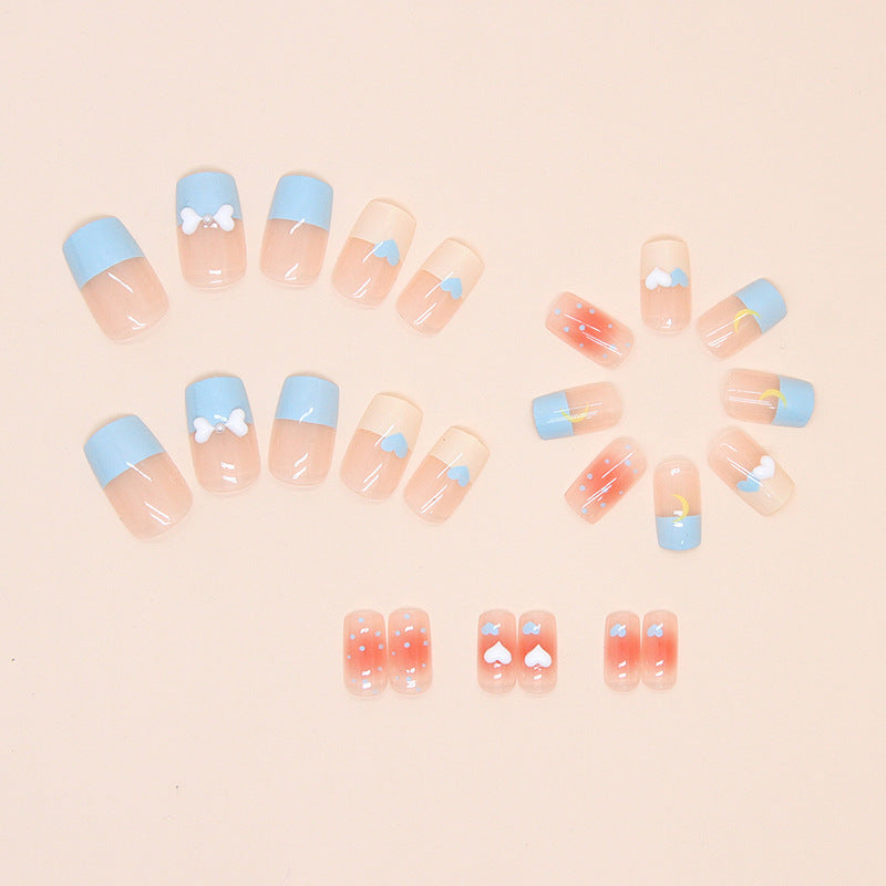 Square Press-On Nail Set – Pastel Blue & Yellow Hearts with 3D Bow | Glossy Reusable False Nails (Set of 12)