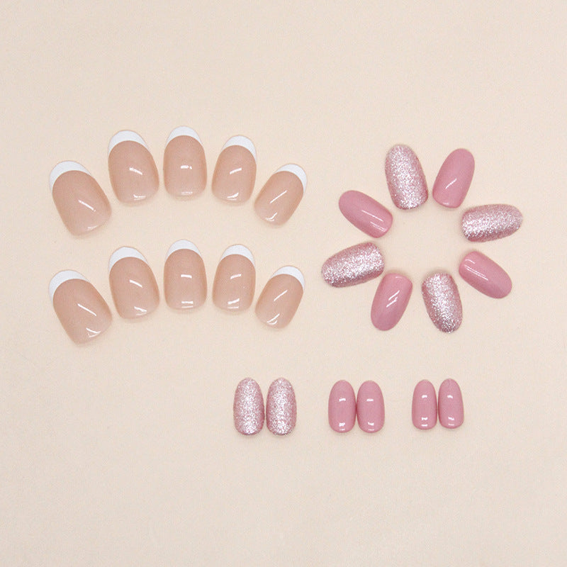 Soft Pink French Tip Oval Press-On Nails – Glossy Glitter Accent Nail Set (Set of 24)