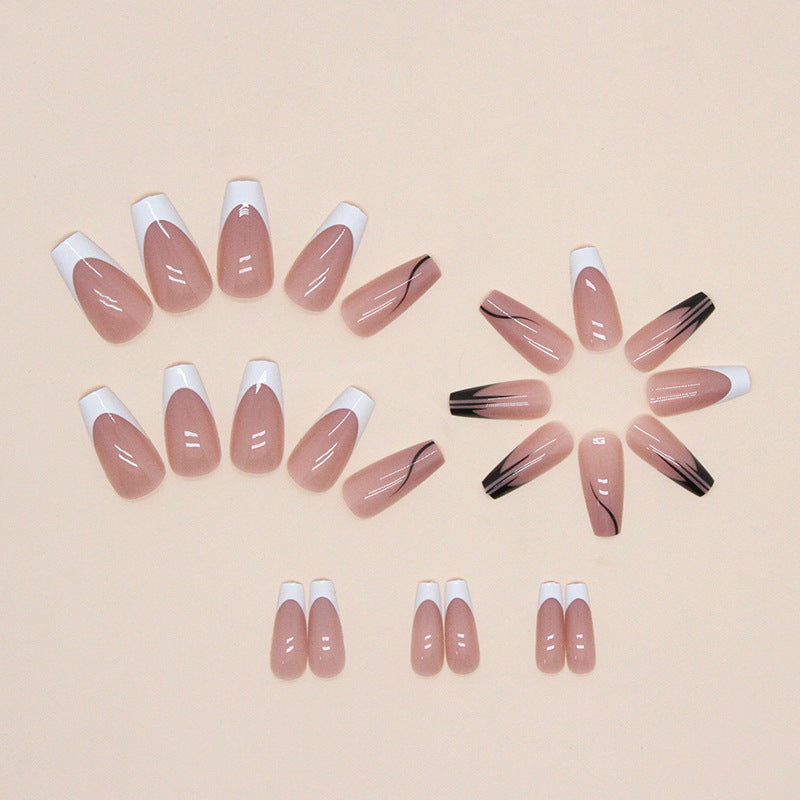 Extra Long Coffin Shape, Black and White Design, 24 Pieces, French Tip Press-On Nails