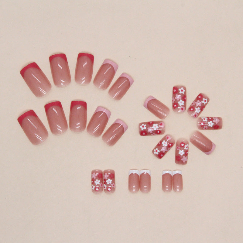 Pink Floral French Manicure, Artificial Nail Tips with Flower Design, 24 Pieces, Press-on Nails