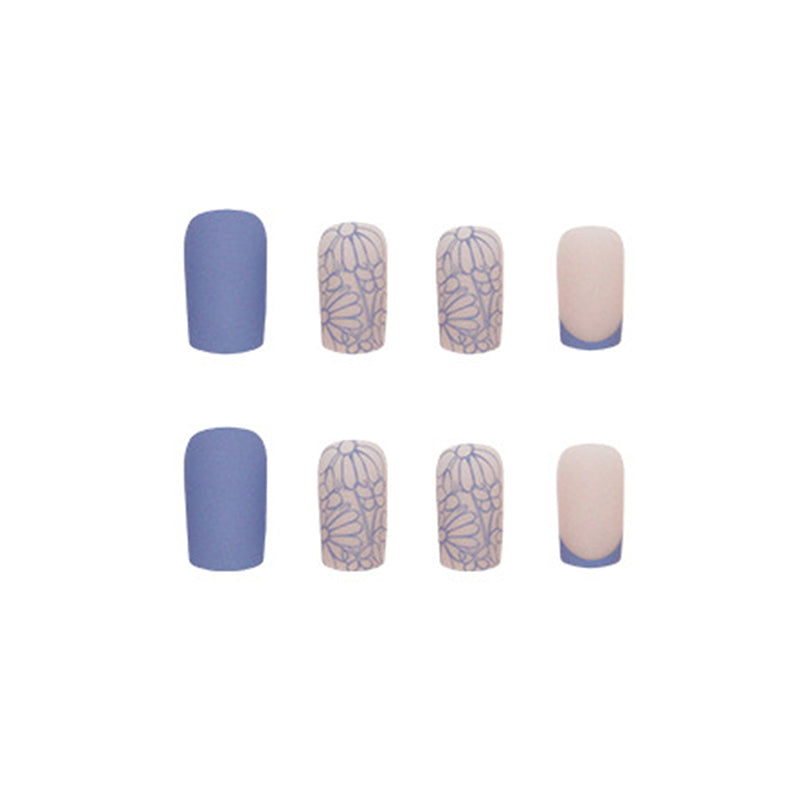 French Tip Nail Art Stickers, Blue and Pink Floral Design, Professional Manicure Set, Press on Nails