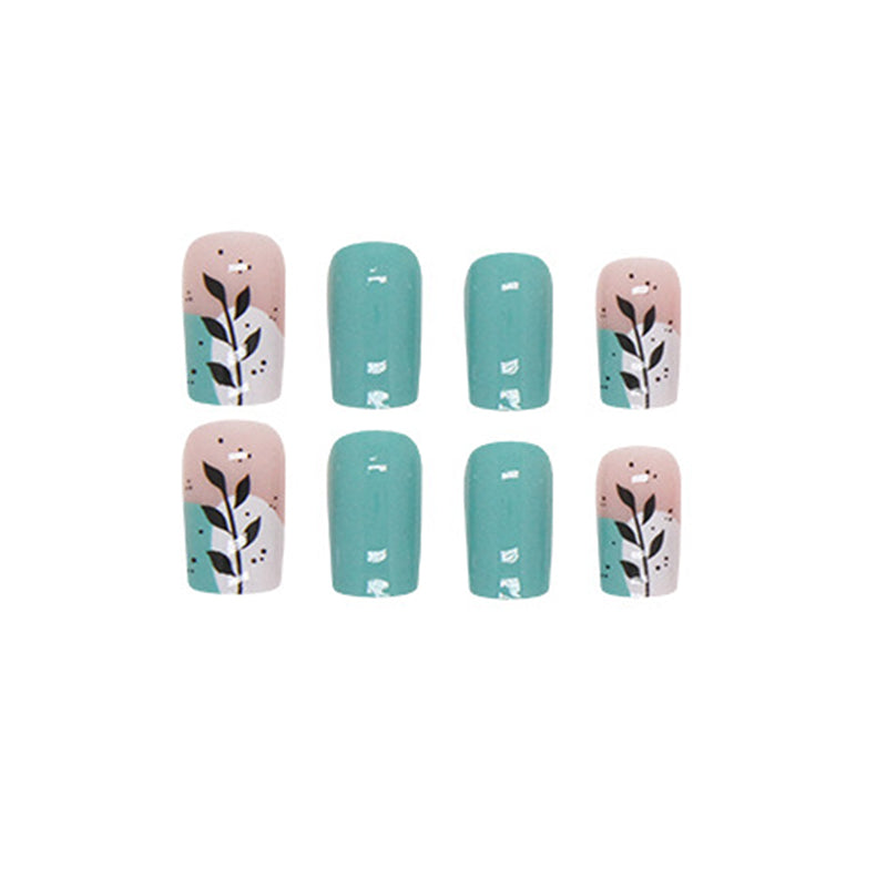 Turquoise Floral Nail Art Design, Spring Pattern Manicure with Black and White Accents, Press on Nails
