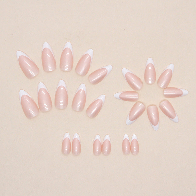 Pearl Chrome French Manicure, Almond Shape, White Tips, Long Length, Press-on Nails