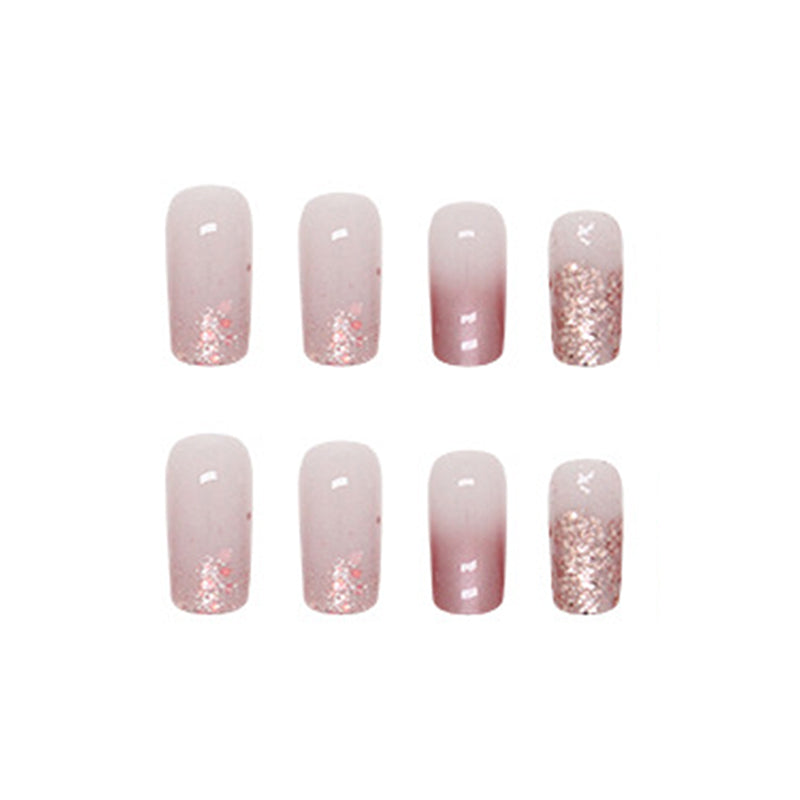 Rose Gold Chrome Square Press-On Nails – Glossy Pink Glitter Ombre Nail Set (Set of 24)