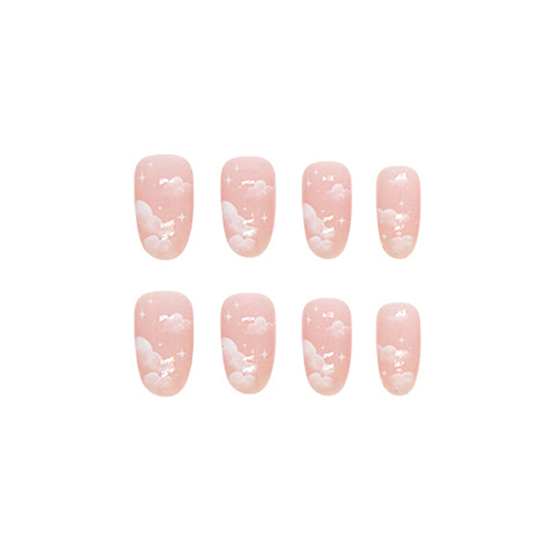 Cloud and Stars Design, Almond Shape, Pink Gradient, 24 Pieces, Press-On Nails