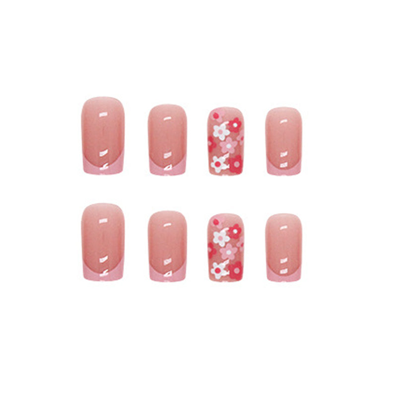 Pink Floral French Manicure, Artificial Nail Tips with Flower Design, 24 Pieces, Press-on Nails