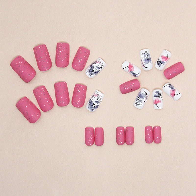 Matte Pink Floral Square Press-On Nails – White Botanical Nail Art Set (Set of 24)