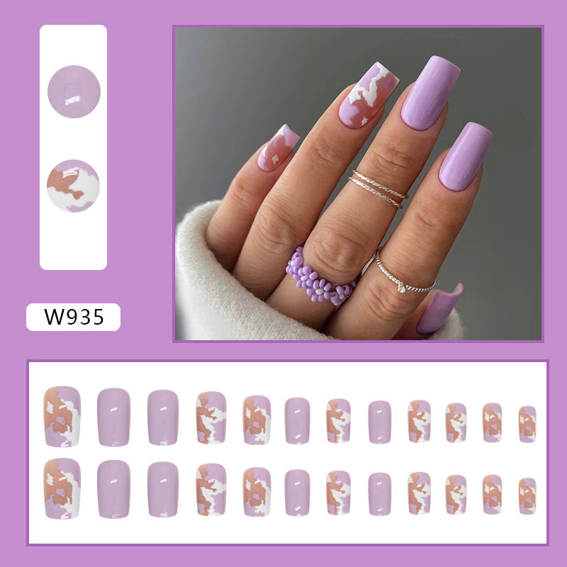 Artificial Press-On Nails, Lavender Purple with Silver Marble Design, 24 Pieces, Press on Nails