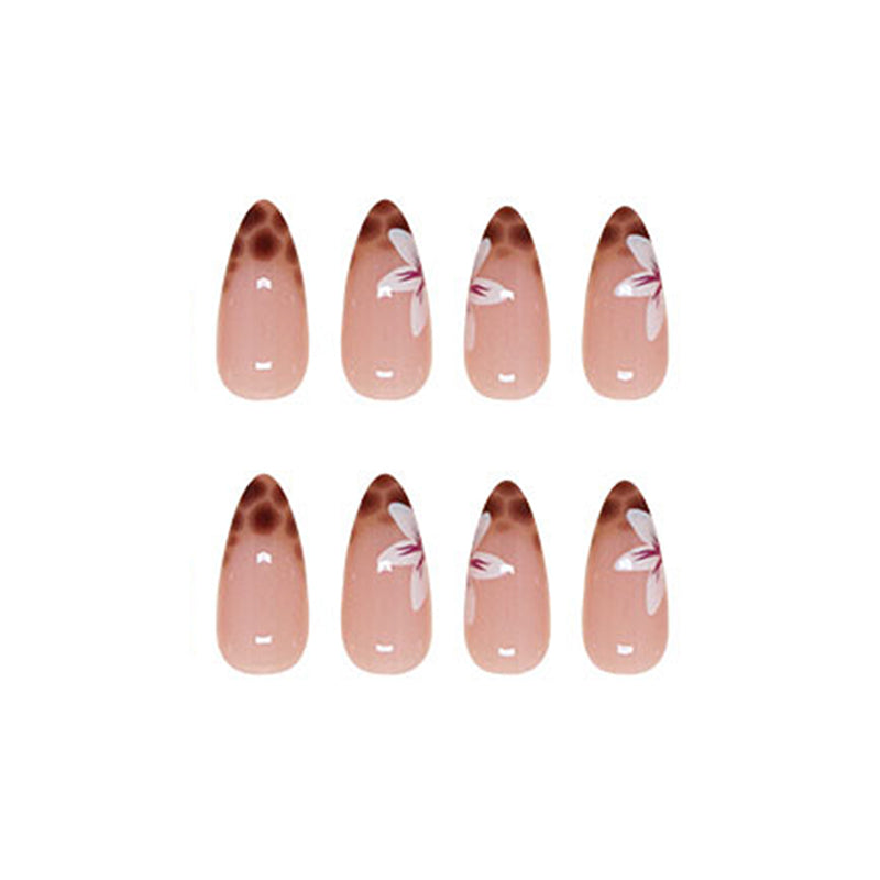 Almond French Manicure, Oval Shape, Pink Base with White Floral Design, Press-on Nails