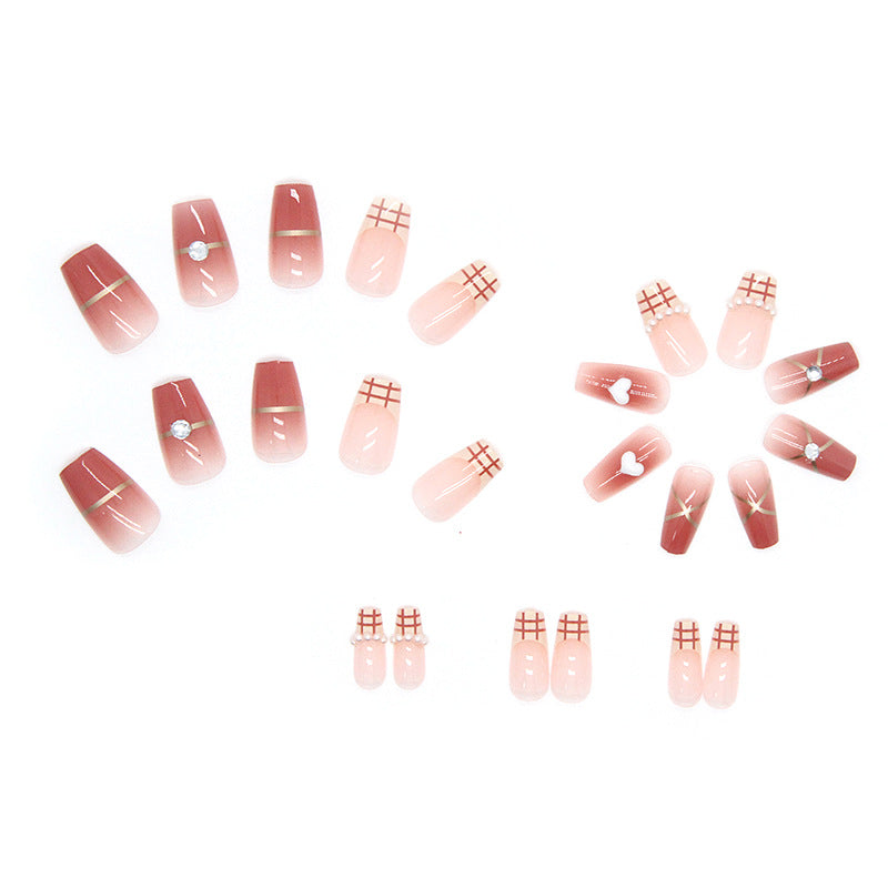 Long Square French Tips with Heart Design, Crystal Rhinestone Bowknot, Pink Gradient, Press on Nails
