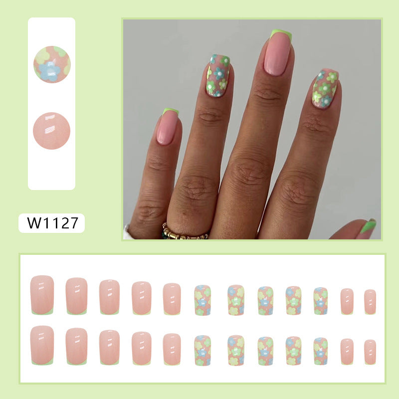 Pink with Mint Green French Tips and Floral Pattern, 24 Pieces, Press on Nails