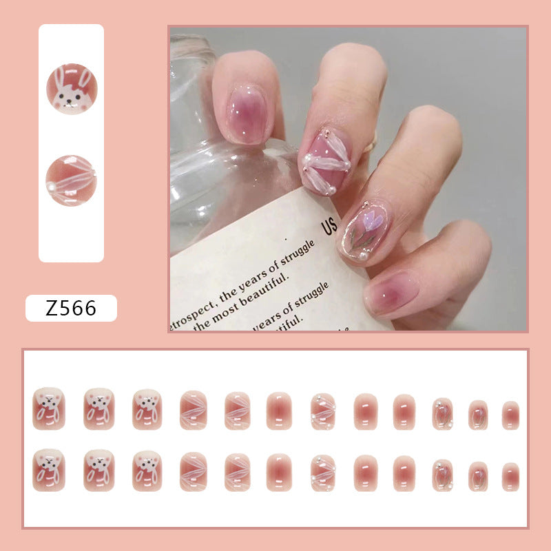 Oval Press-On Nail Set – Jelly Pink Heart & Floral Nails with Pearl Accents | Glossy Reusable False Nails (Set of 12)