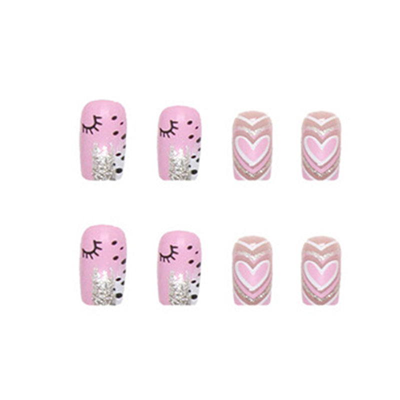 Long Square Press-On Nail Set – Pink Hearts with Gold Glitter Accent | Glossy Reusable False Nails (Set of 24 Pieces)