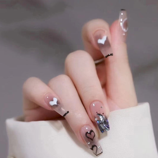 Clear Base with Heart Design, Black and White Patterns, Silver Glitter Accent, Square Tips, Press-On Nails