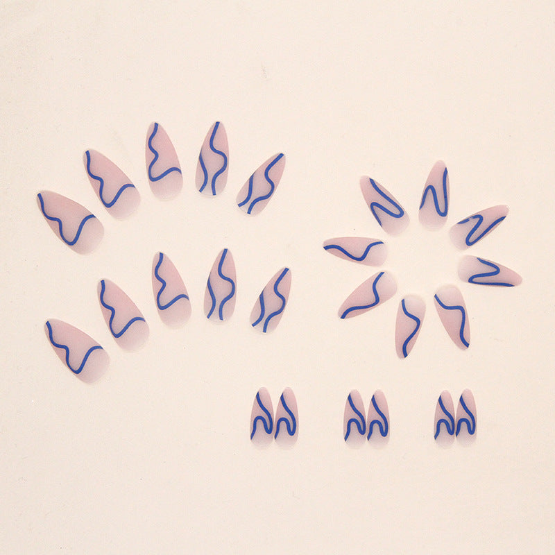 Nude & Royal Blue Abstract Wave Almond Press-On Nails – 24 Piece Glossy Nail Set