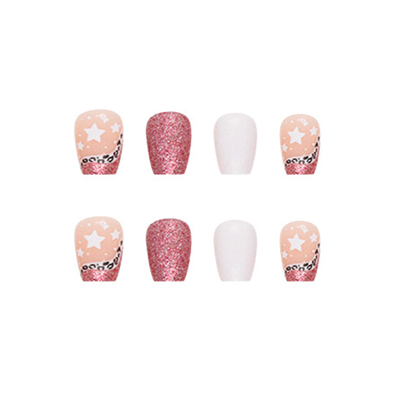 Square Press-On Nail Set – White & Rose Gold Glitter Star Design | Glossy Reusable False Nails (Set of 24)