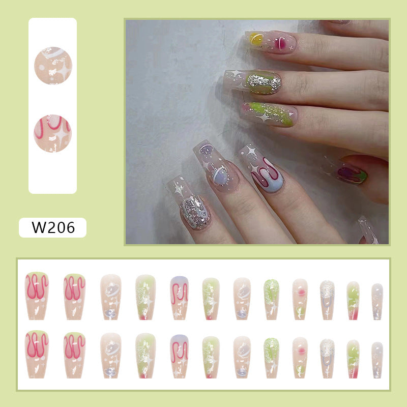 Clear Base with Glitter, Stars and Multicolor Designs, Long Coffin Shape, Decorative False Nails, Press-on Nails