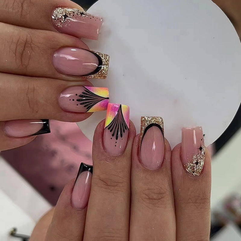 Pink French Tips with Gold Glitter and Rainbow Art Design, Long Square Shape, Press on Nails