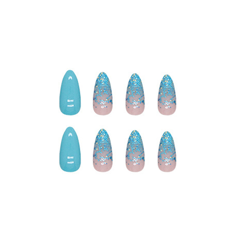 Teal Glitter Almond Press-On Nails – Glossy Turquoise with Iridescent Foil Accent Design (Set of 24)