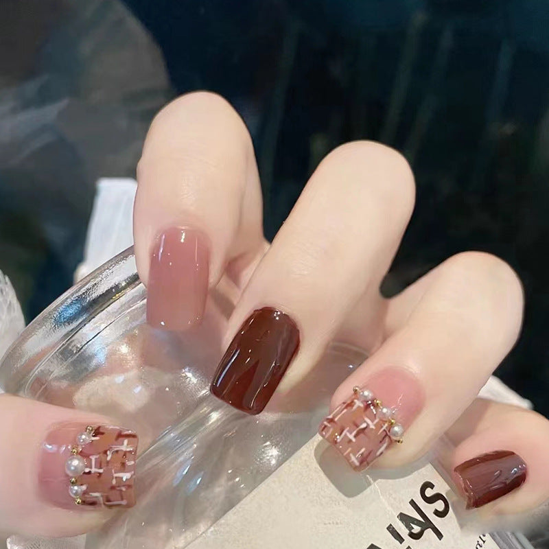 Nude Pink and Brown, Pearl Studded Design, Square Shape, Press-On Nails