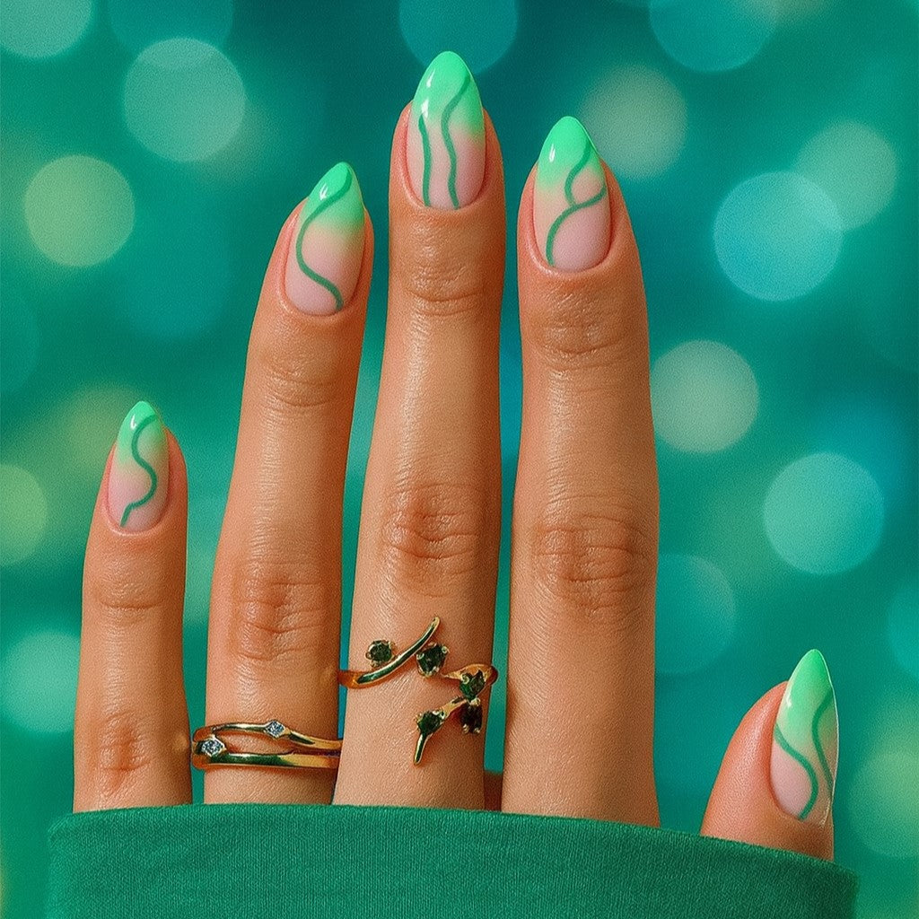 24-Piece Green Swirl Almond Press-On Nails – Glossy Nude French False Nails with Abstract Wave Design | Reusable Stick-On Nail Set