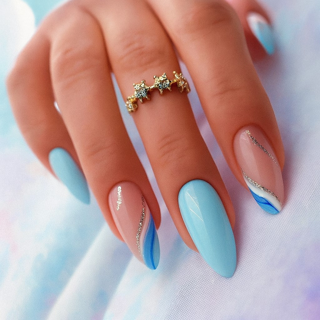 Sky Blue Elegance Press-On Nails | 24-Piece Reusable Almond Nail Set