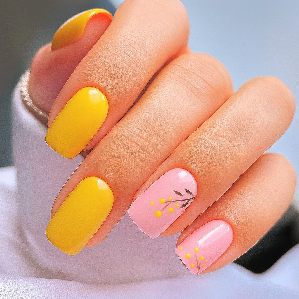 Sunny Blossom Square Press On Nails – 24 Piece Yellow & Pink Floral Accent Set
