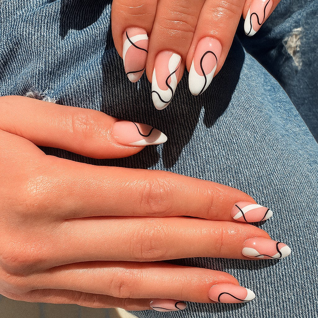 Almond Press-On Nail Set – White French Tips with Black Abstract Swirl Design | Glossy Nude False (Nails Set of 24-Piece )