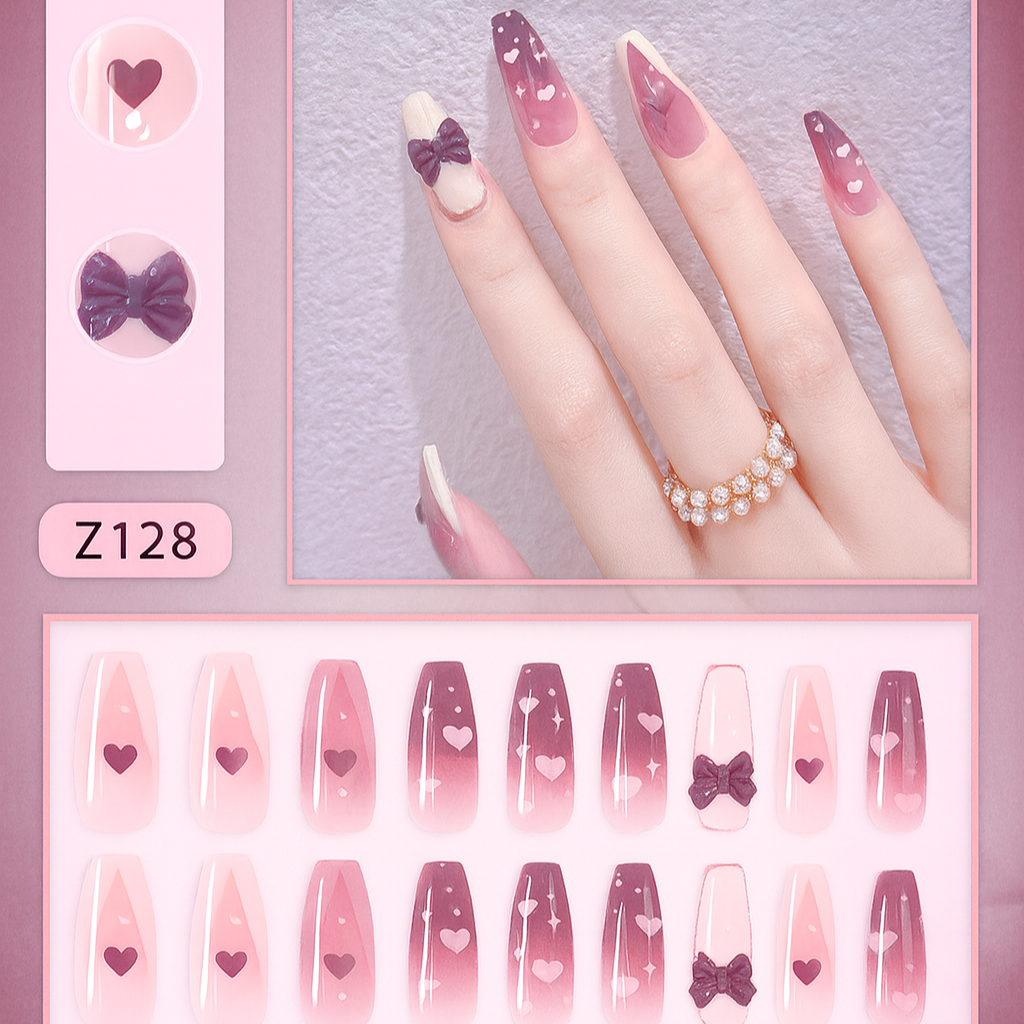 Pink Bow Coffin Press-On Nails – 3D Heart & Ribbon Glossy Long Nail Set (Set of 12)