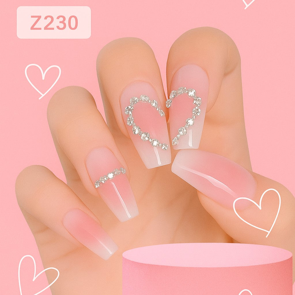 Clear Ombre Rhinestone Heart Press-On Nails – 12 Piece Glossy Square Nail Set