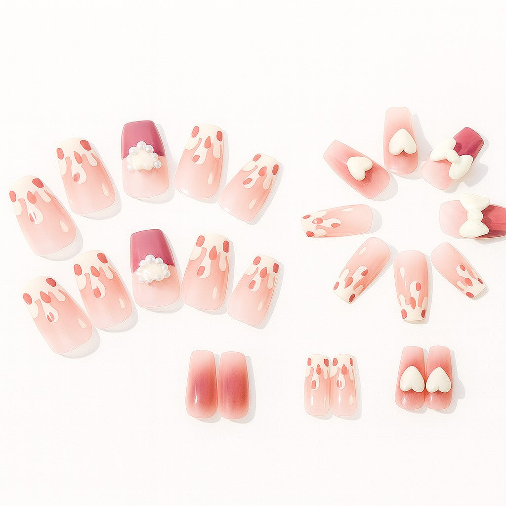 Pink Base with White Heart and Bow Design Nails, 3 D Pearl Embellishments Soft Pink (Nail Set of 12)