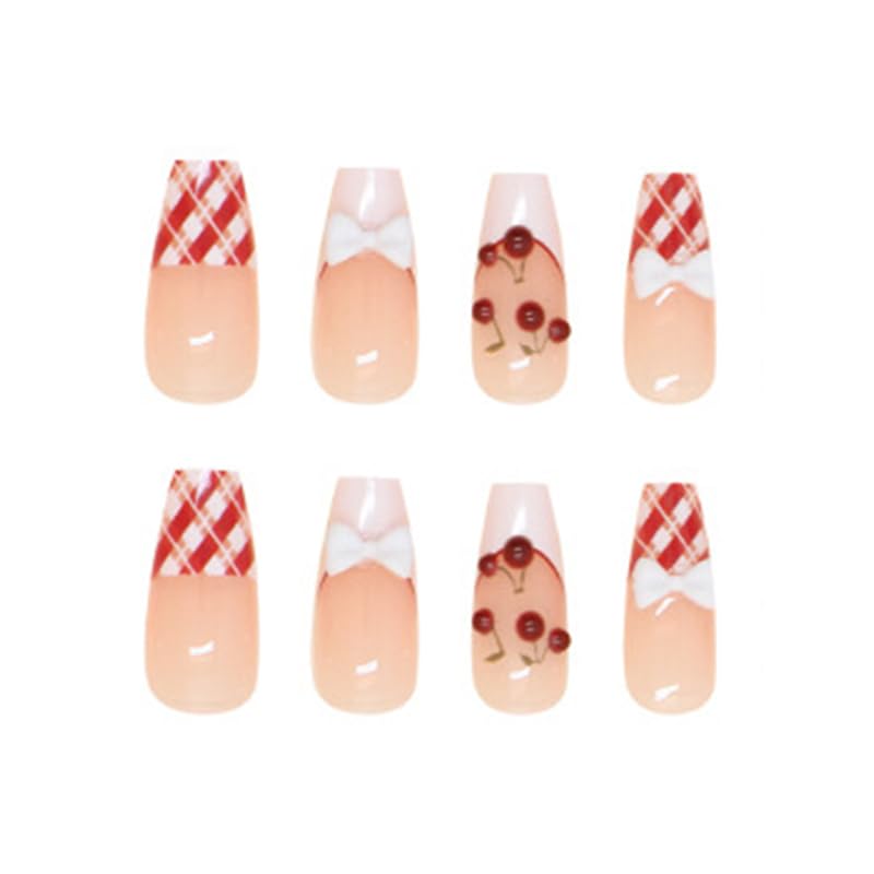 Long Square Press-On Nail Set – Red Cherry French Tips with 3D Bow & Plaid Accent | Glossy Reusable False Nails (Set of 12)