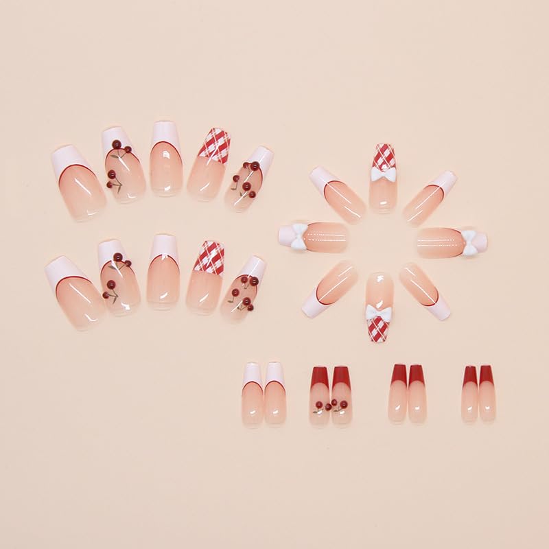 Long Square Press-On Nail Set – Red Cherry French Tips with 3D Bow & Plaid Accent | Glossy Reusable False Nails (Set of 12)