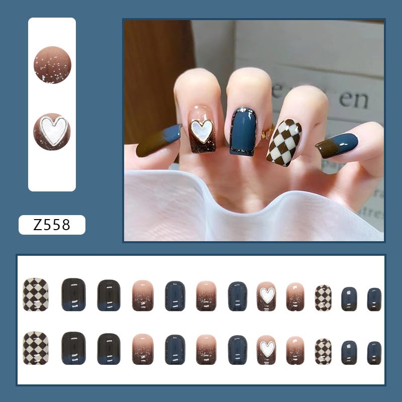 Midnight Heart Checker Coffin Press-On Nails – Black Ombre & Gold Glitter Nail Set (Set of 12 pieces)