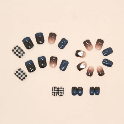 Midnight Heart Checker Coffin Press-On Nails – Black Ombre & Gold Glitter Nail Set (Set of 12 pieces)