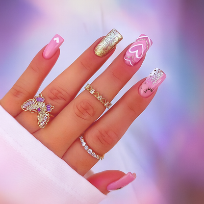 Long Square Press-On Nail Set – Pink Hearts with Gold Glitter Accent | Glossy Reusable False Nails (Set of 24 Pieces)