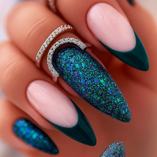 Long Stiletto Press-On Nail Set – Emerald Green French Tips with Galaxy Glitter Accent | Glossy Reusable False Nails (Set of 24 Pieces)