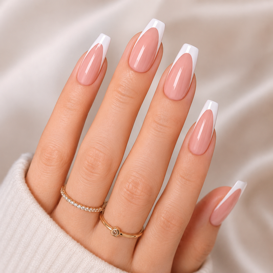 Classic French Coffin Shape Press On Nails – 24 Piece Glossy Nude & White French Tip Nail Set
