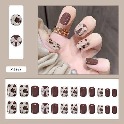 Mocha Brown Bow & Speckled Accent Press-On Nails – 12 Piece Glossy Square Nail Set