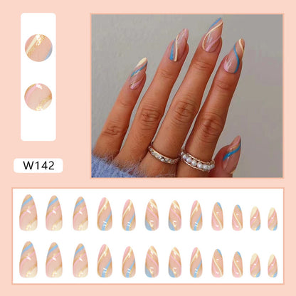 Pastel Blue Swirl Almond Press-On Nails – 24 Piece Glossy Nail Set