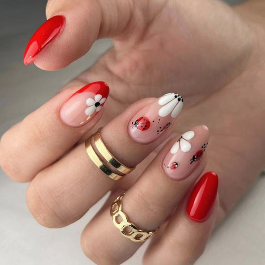 Floral Ladybug Nail Art Design, Red and White Daisy Pattern, French Tip Manicure Set, Press on Nails