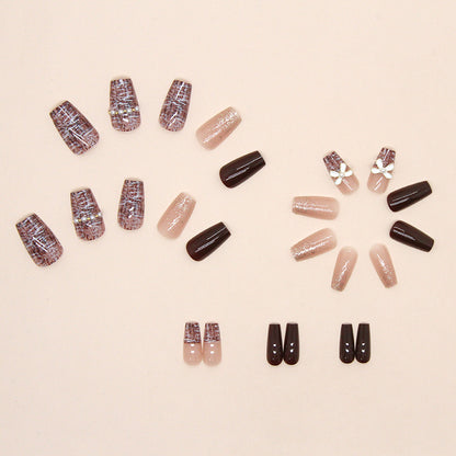 Chocolate Glam Coffin Press-On Nails – Brown Glitter Bow Accent Nail Set (Set of 12)