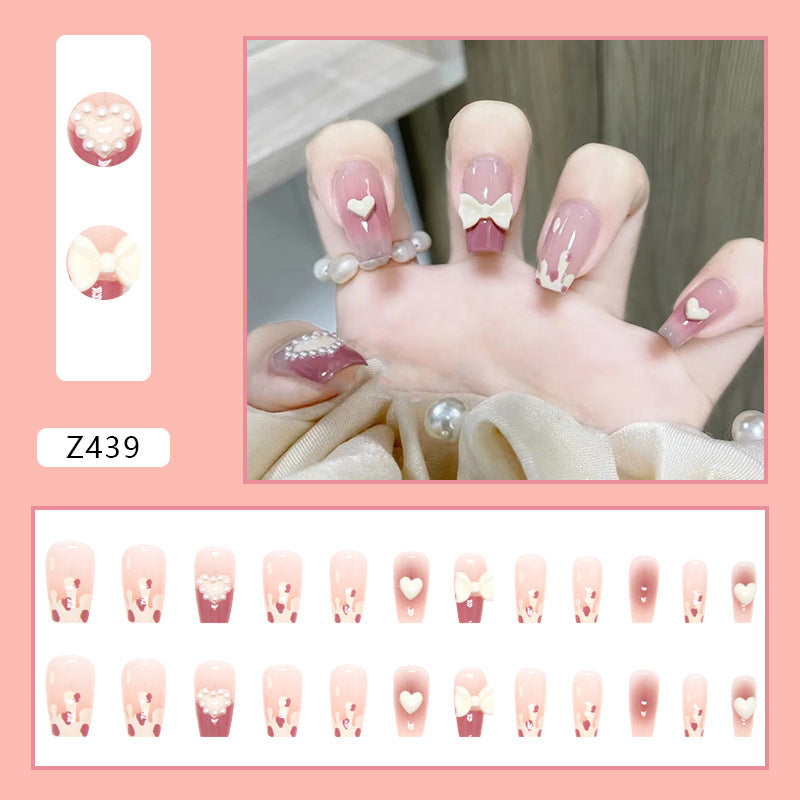 Pink with White Heart and Bow Design, Pearl Embellishments, Press on Nails