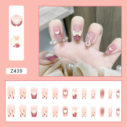 Pink Base with White Heart and Bow Design Nails, 3 D Pearl Embellishments Soft Pink (Nail Set of 12)