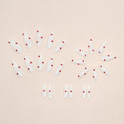 24-Piece White Heart Almond Press-On Nails – Glossy French Style False Nails with Red Heart Design | Reusable Stick-On Nail Set