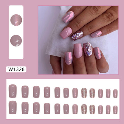 Glossy Pink Glitter Square Press-On Nails – Iridescent Chrome Nail Set (Set of 24)